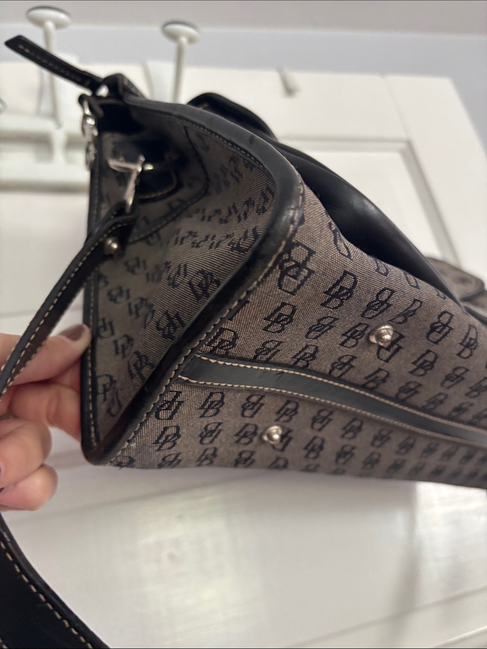 Monogram Convertible Satchel Shoulder Bag in Grey and Black - Picture 3 of 8